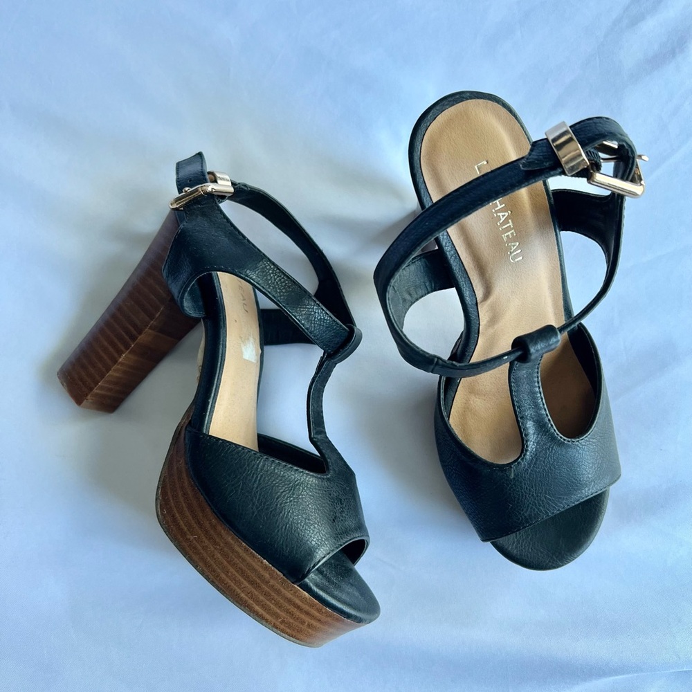 Brand New Le Château Black Leather High Heel Sandals Size 39